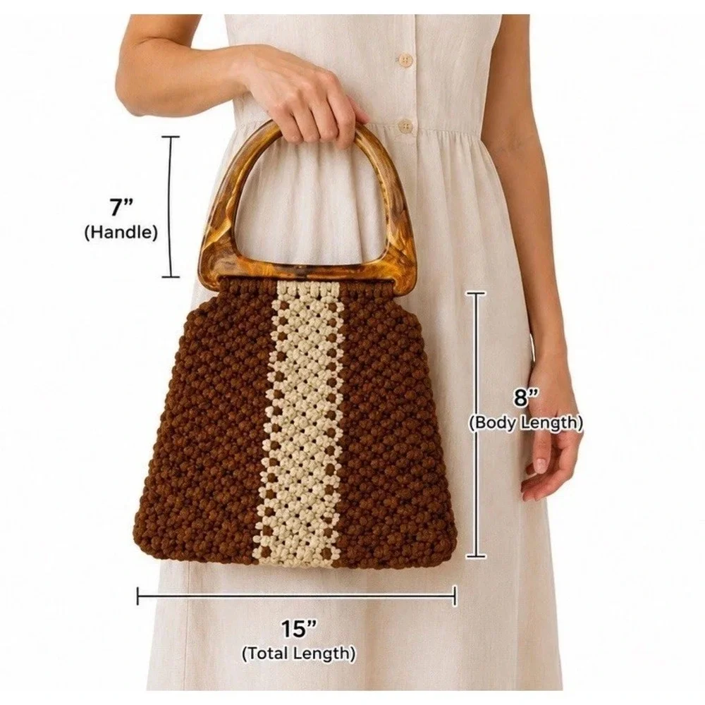 Vtg 70s Macrame Handbag Artisan Lucite Handle Brown Cream Lined Handmade Resort
